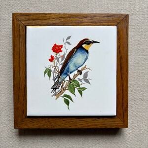 Vtg Ceramic Trivet Wall Hanging Tile Bird on Branch Wood Frame Square 5.5"
